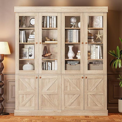 Tall Farmhouse Bookcase with Glass Doors, Set of 4 – Natural