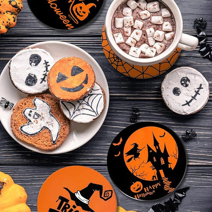 Set of 4 Orange/Black Halloween Ceramic Coasters