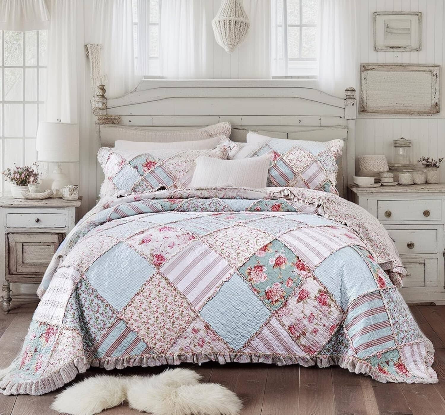 Hint of Mint Floral Pastel Cotton Patchwork Ruffle Quilted Bedding Set