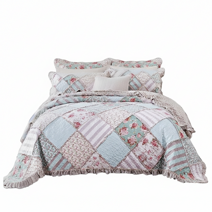 Hint of Mint Floral Pastel Cotton Patchwork Ruffle Quilted Bedding Set
