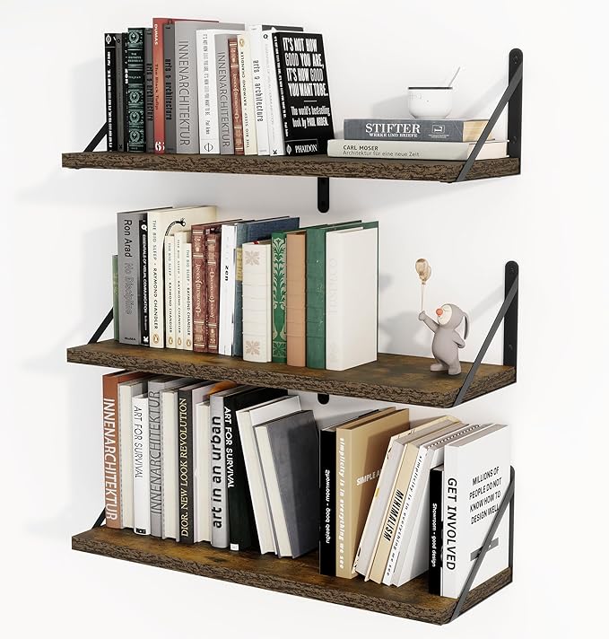 Set of 3 Rustic Brown Floating Shelves - 24"