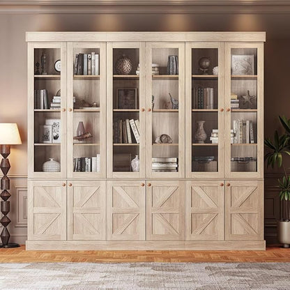 Tall Farmhouse Bookcase with Glass Doors, Set of 4 – Natural