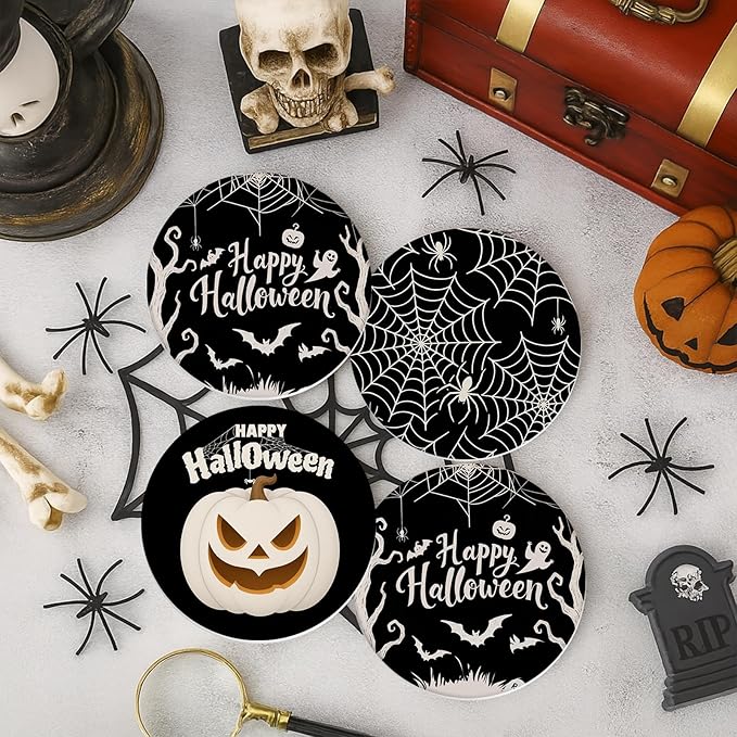 Set of 6 Happy Halloween Absorbent Round Ceramic Stone Drink Coasters with Cork Base and Metal Holder