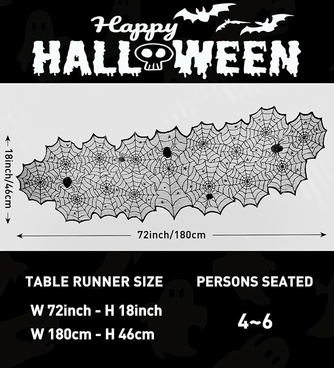 72 Inch Black Lace Spider Web Table Runner for Halloween