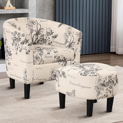 INZOY Modern Club Chair with Ottoman in Atique Cream/Black Floral