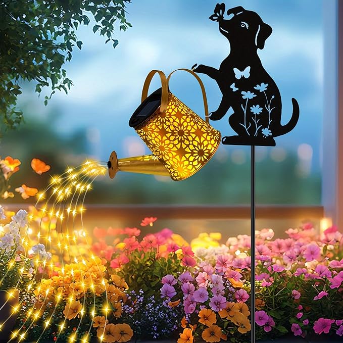 Dog With Watering Can/Cascading Lights - Solar, Waterproof
