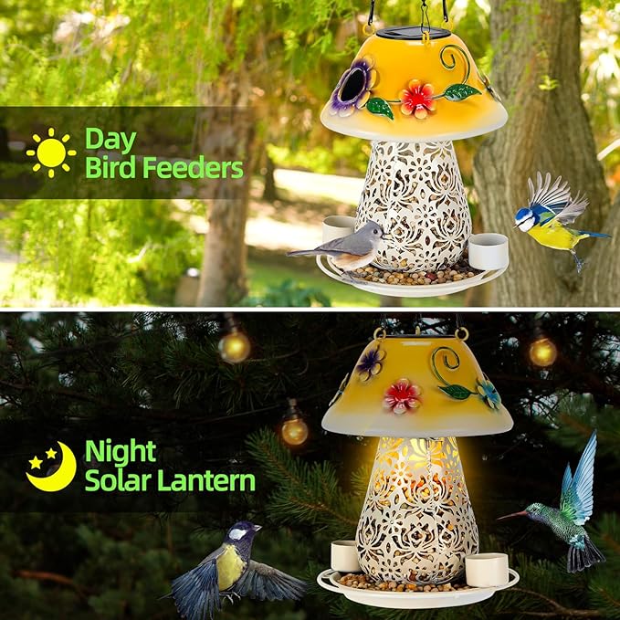 Mushroom Solar Hanging Metal Wild Bird Feeder