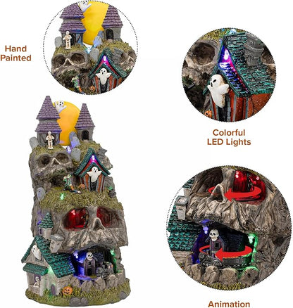 Skullstone Hollow Skull - Spooky Halloween Village - Multi-Color LED Lights, Animated Motion and Music - 7.75" x 7.5" x 13.5"