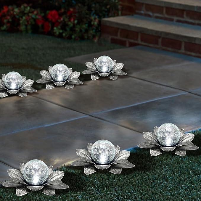 Set of 3 Silver Gray Lotus Flower Pathway Lights with Cool White Crackle Glass