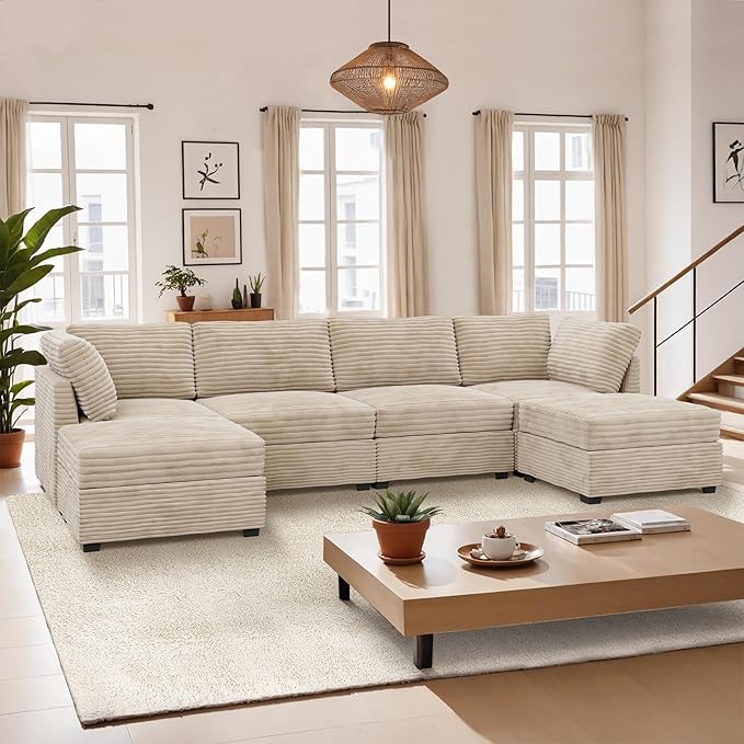 Ultra Comfy Cloud Sectional with Two Movable Ottomans in Plush Beige