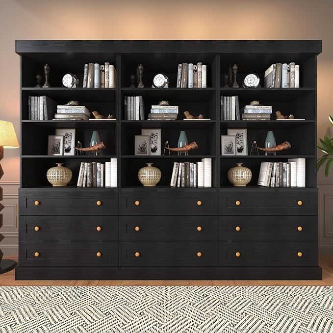 Tall Farmhouse Bookcase with Drawers, Set of 4 – Black
