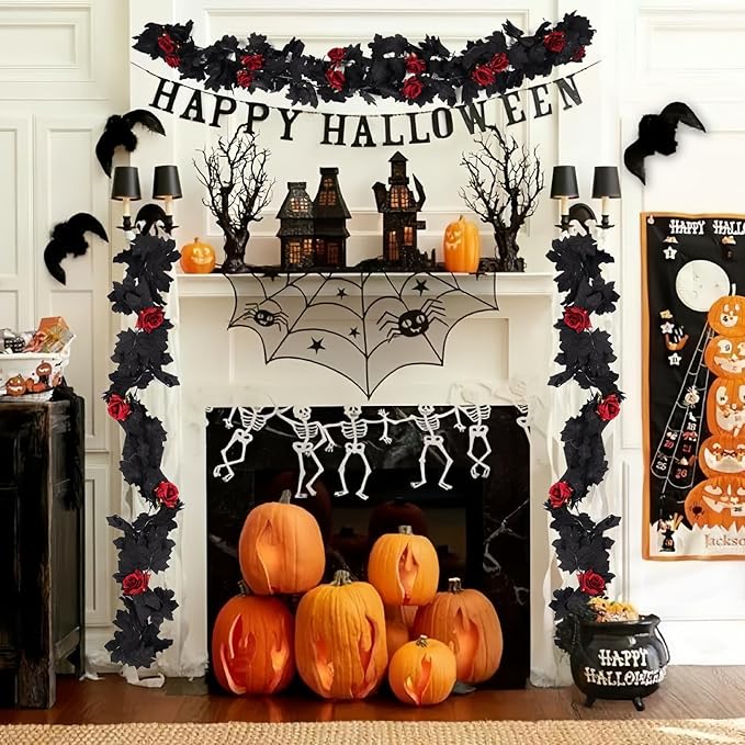 Creepy Halloween Garland with Black Leaves and Blood Red Roses - 2 Pieces, 5.7 Ft