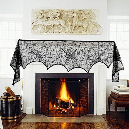 Black Spiderweb Lace Fireplace Mantle Scarf Cover/Table Cloth - 2 Piece Set