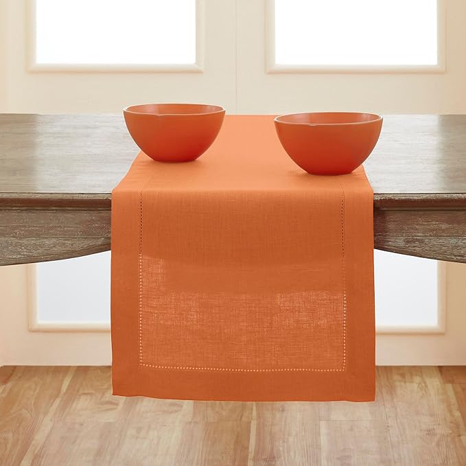 100% Pure Linen Hemstitch 14 x 90 Inch Table Runner - Mango Tango
