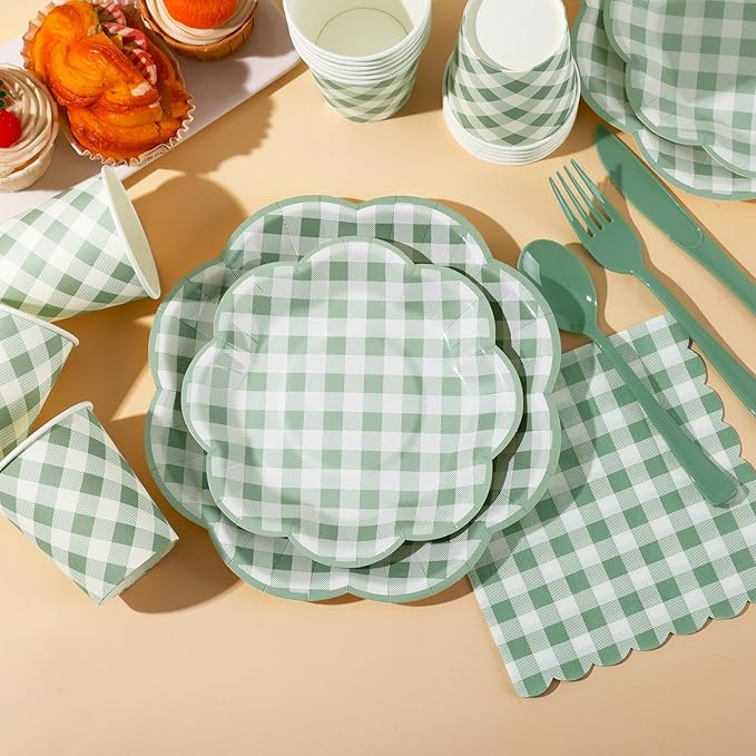 175 Pcs Sage Green Gingham Party Supplies - Serve 25 Guests