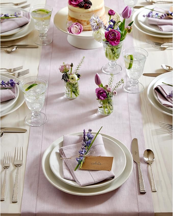 00% Pure Linen Hemstitch Table Runner 14 x 72 Inch - Lilac