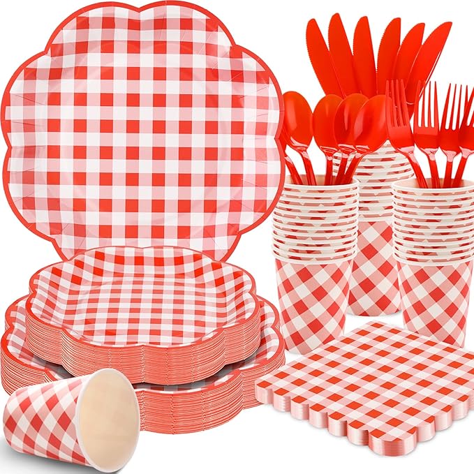 350 Pcs Red Gingham Plates and Napkins Party Supplies