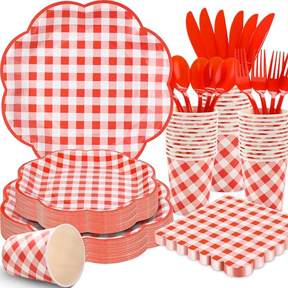 350 Pcs Red Gingham Plates and Napkins Party Supplies