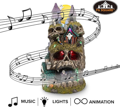 Skullstone Hollow Skull - Spooky Halloween Village - Multi-Color LED Lights, Animated Motion and Music - 7.75" x 7.5" x 13.5"