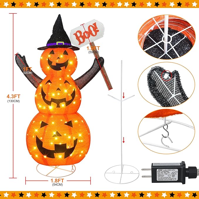 4.3FT LED Collapsible Jack-O-Lantern Lantern Indoor/Outdoor Halloween Decoration