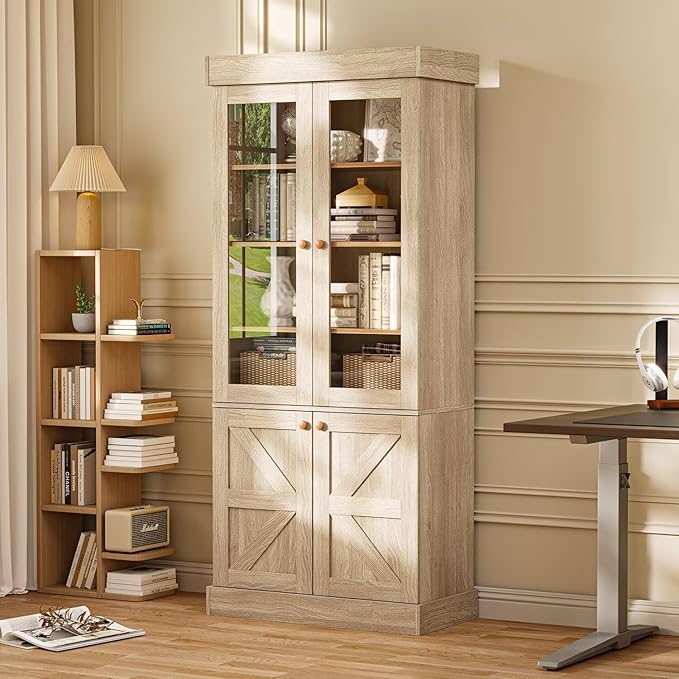 Tall Farmhouse Bookcase with Glass Doors, Set of 4 – Natural