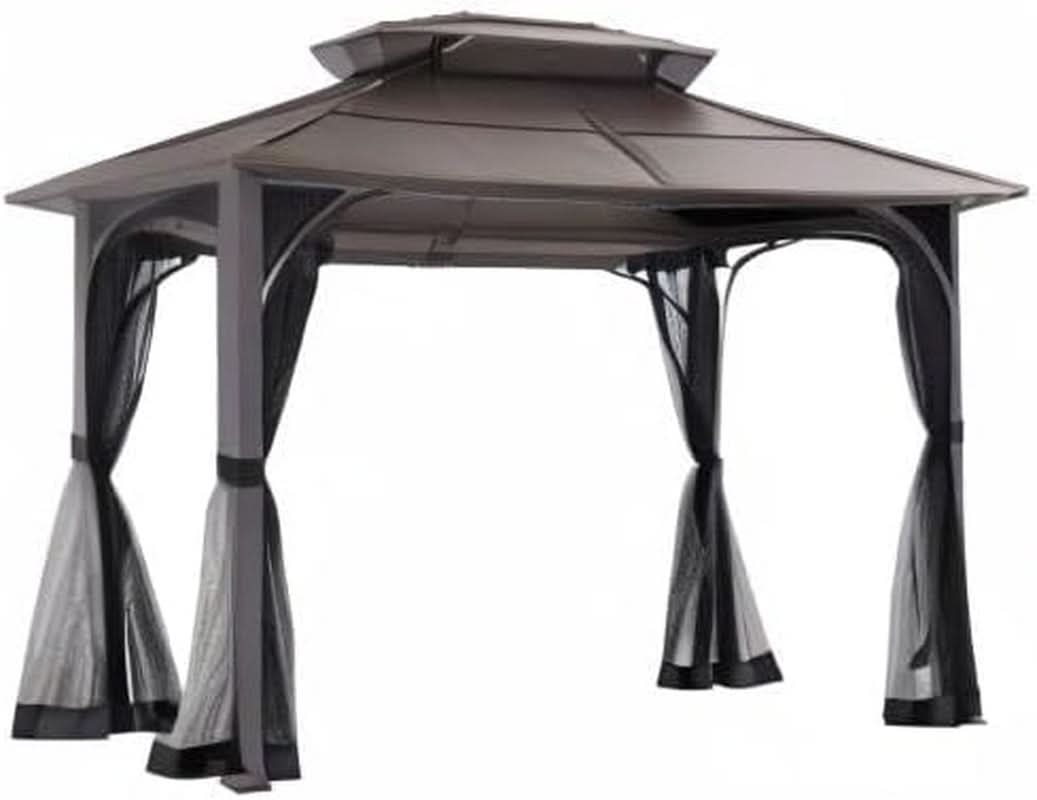 10x12 Dark Brown Hardtop Gazebo With Steel Frame And Netting
