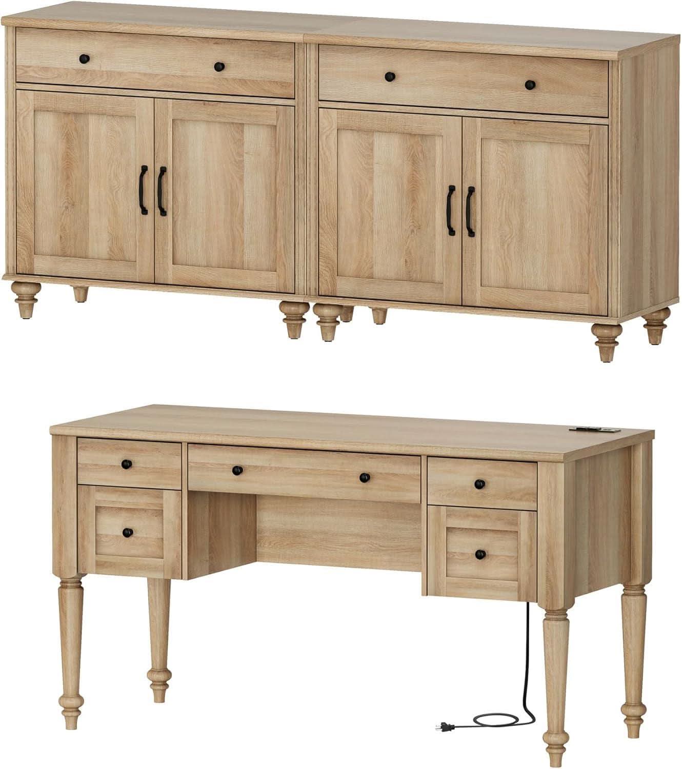 3 Piece Oak Home Office Suite with Executive Desk and 2 Multi-Functional Storage Cabinets