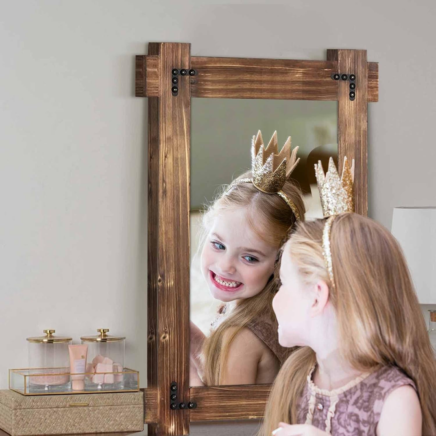 20x30 Rustic Wood Mirror For Bath With Black Metal Accents