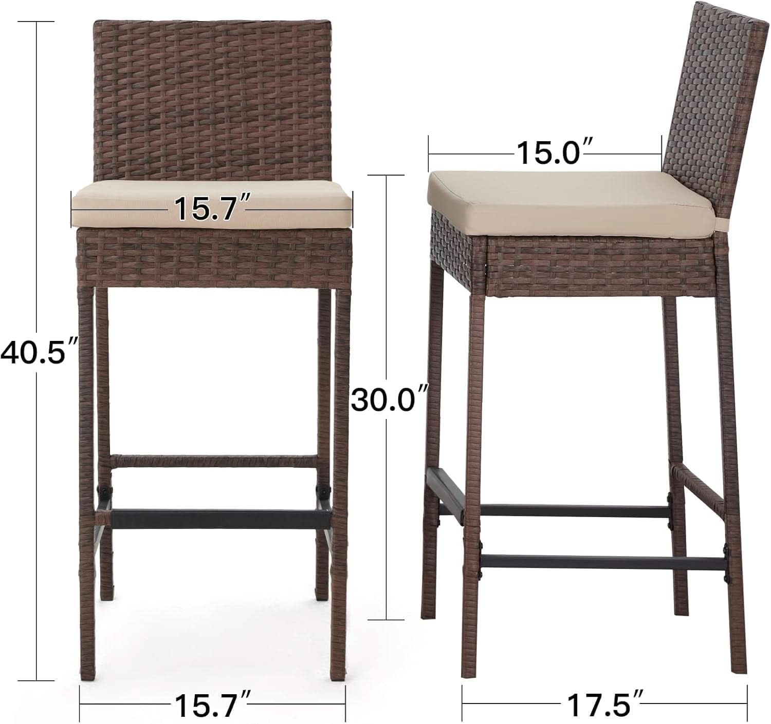Outdoor Rattan Bar Stools w/ Beige Cushions - Set of 4