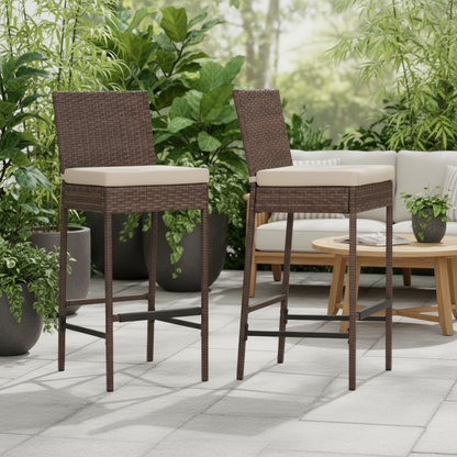 Outdoor Rattan Bar Stools w/ Beige Cushions - Set of 4