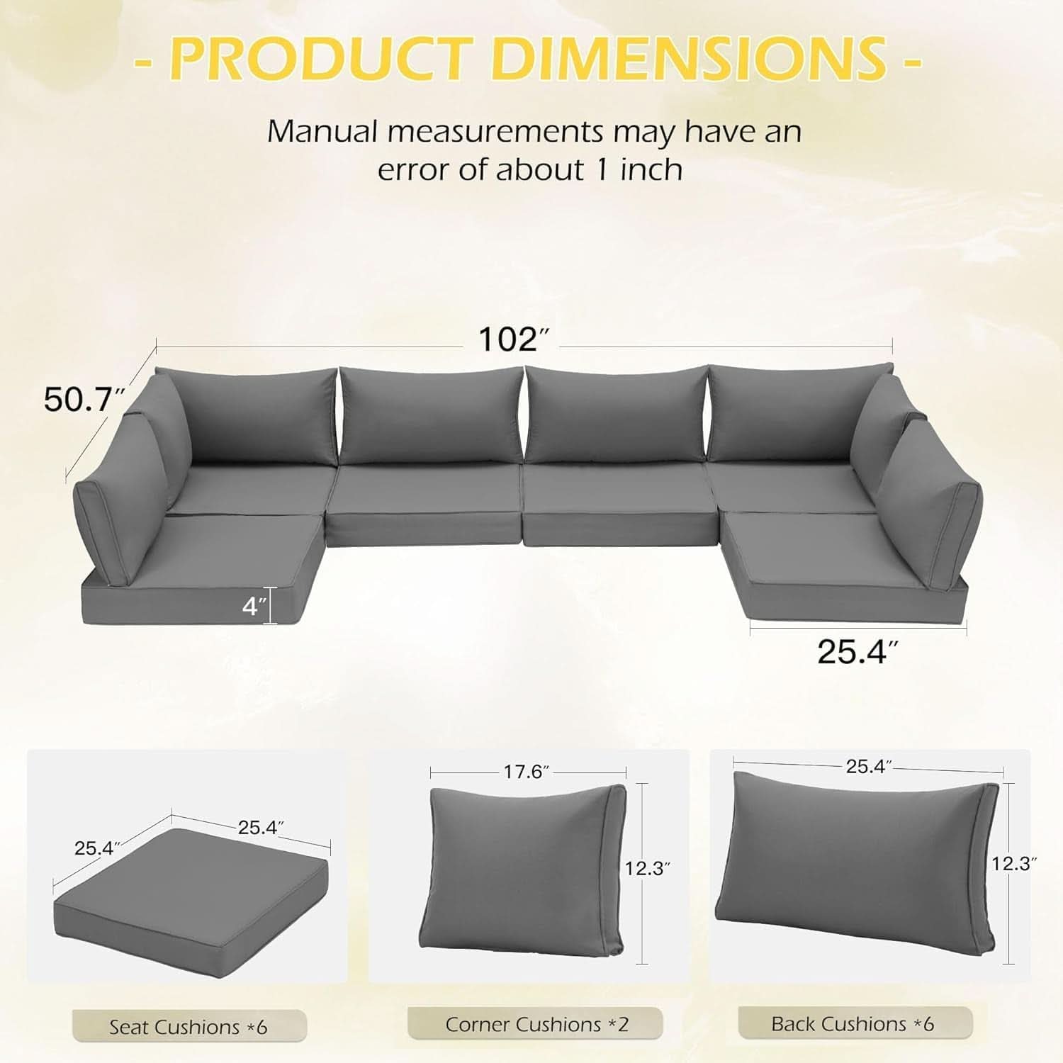 Outdoor Replacement Cushions For 6 Seat Modular Sofa - Gray