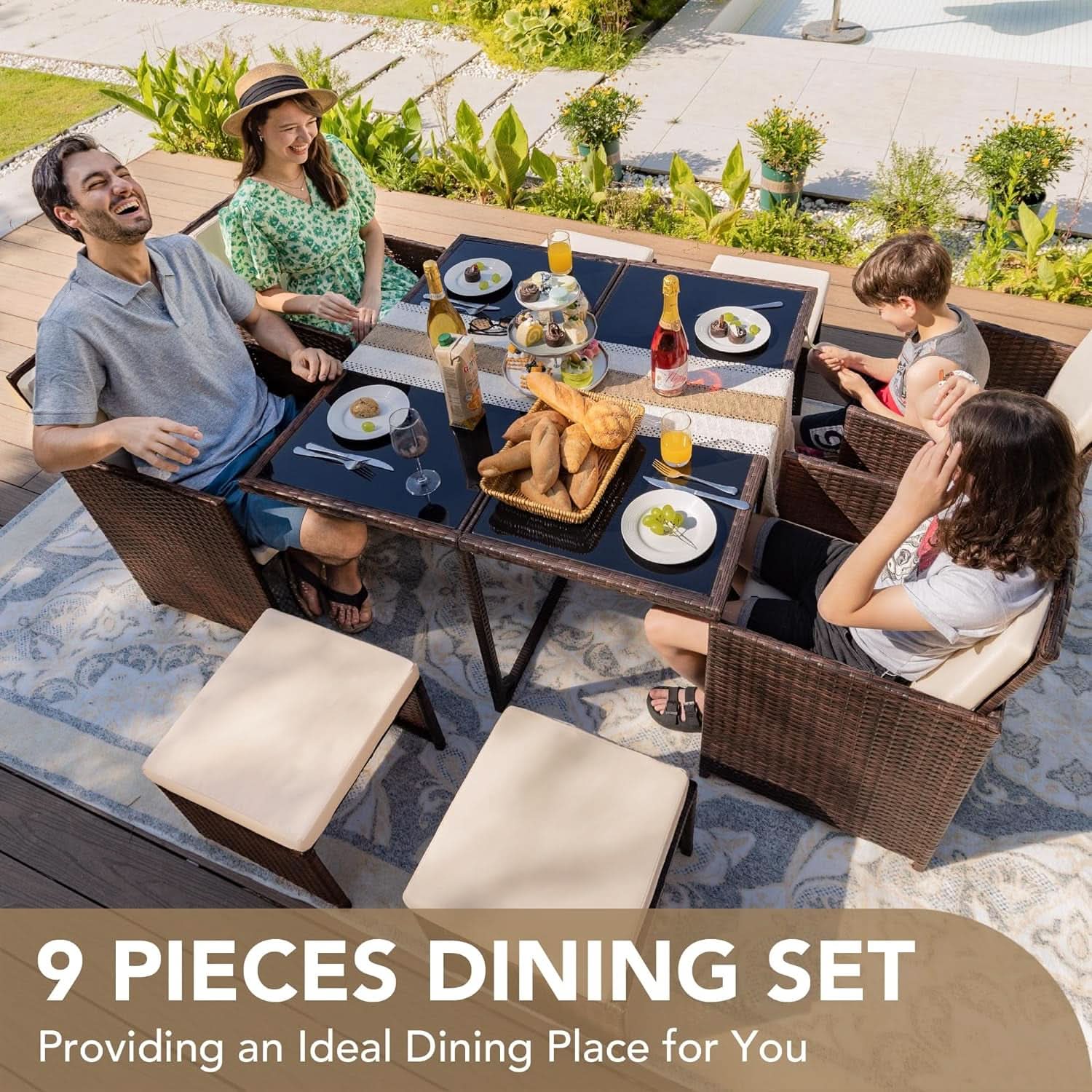 9 Piece Outdoor Space Saving Dining Set - Brown Rattan Chairs With Beige Cushions