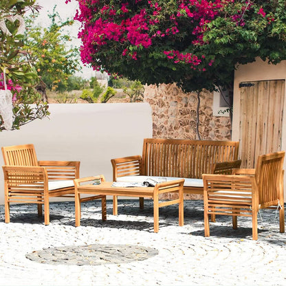 Outdoor Acacia Wood 4 Piece Chat Set With Off-White Cushions and Coffee Table