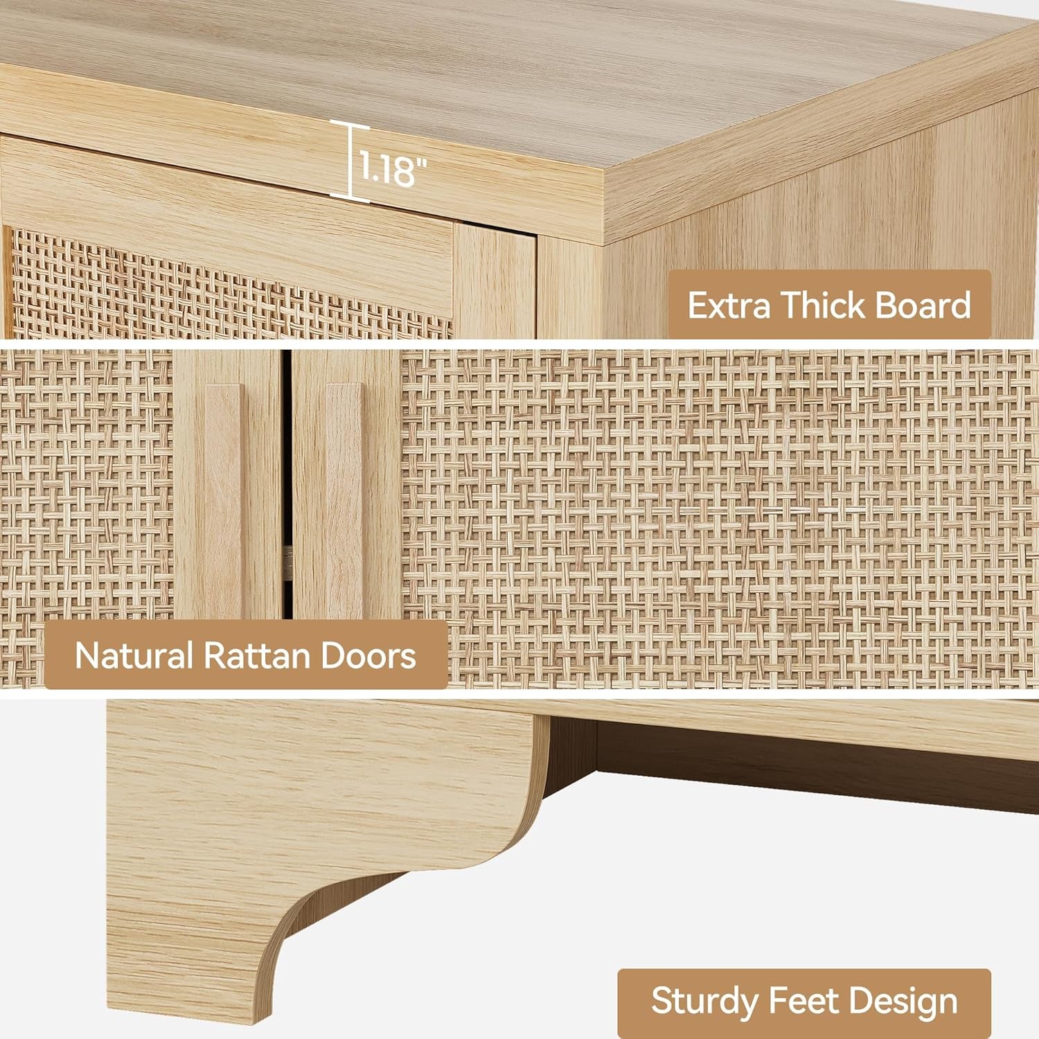 Natural Rattan Four Door Sideboard Cabinet Engineered Wood