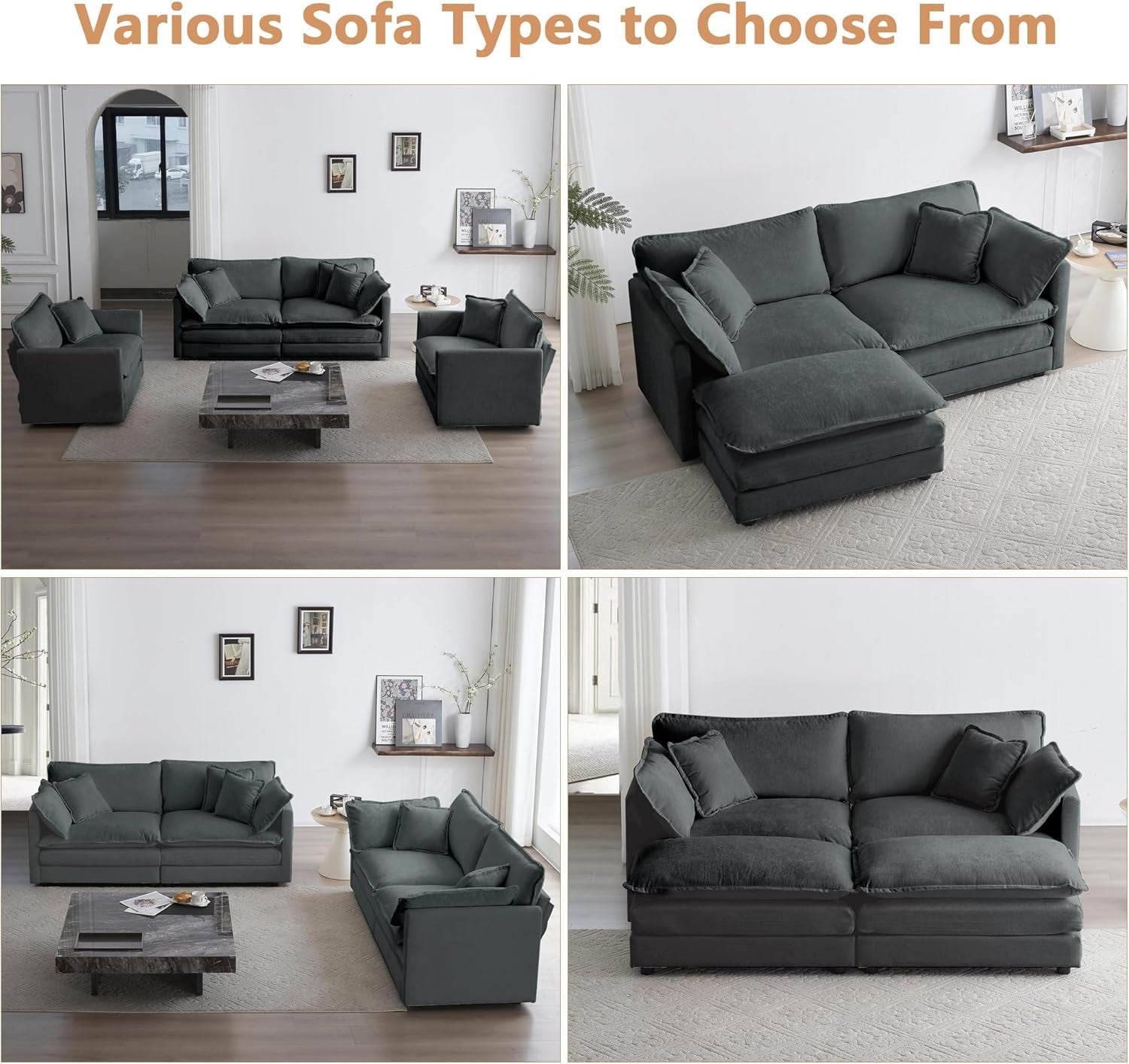 Chenille 2 Piece Loveseat Armchair Set in Charcoal