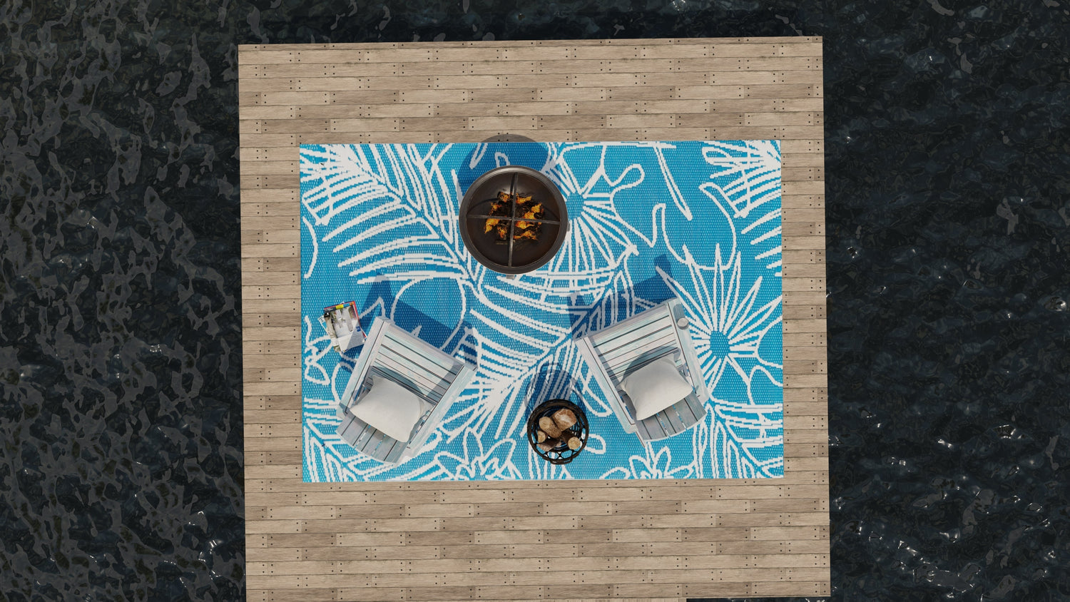 Palm Leaf Turquoise White Outdoor Mat