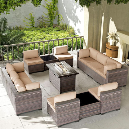 13 Piece Outdoor Patio Furniture Set with Fire Pit - Sand