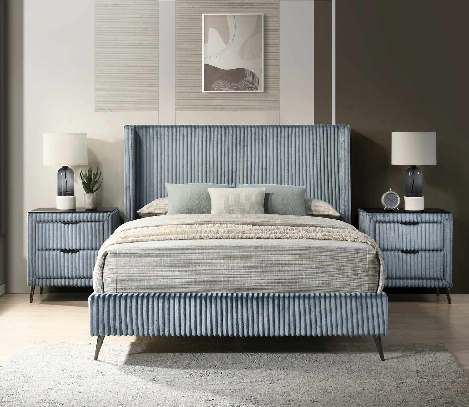 Mavela Wide Wale Corduroy Upholstery Panel Queen Bed with 2 Nightstands, Blue