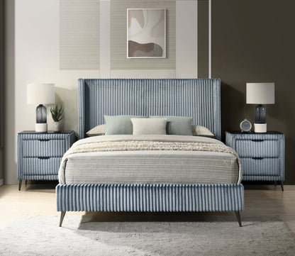 Mavela Wide Wale Corduroy Upholstery Panel Queen Bed with 2 Nightstands, Blue