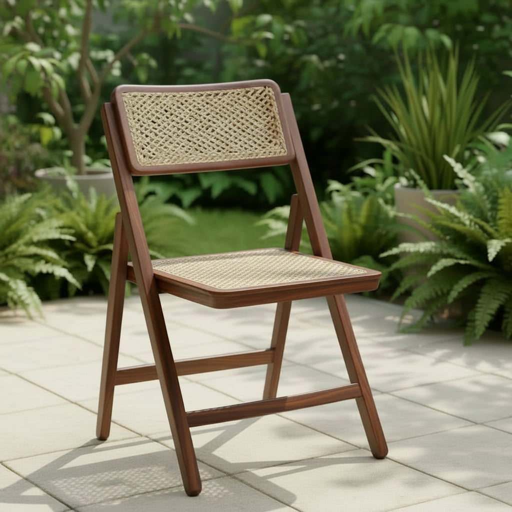 Rattan Folding Chair with Walnut Frame For Indoor/Outdoor Dining
