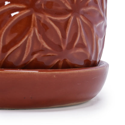 Set of 2 Embossed Ceramic Flowerpots - Red