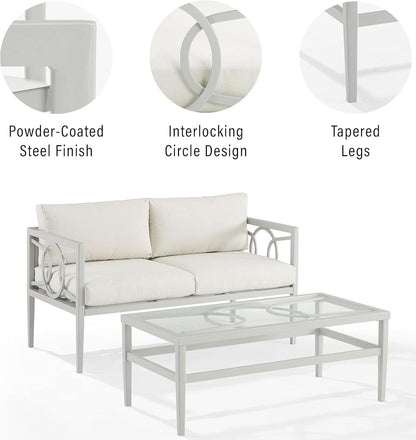 2 Piece Outdoor Gray Metal Loveseat and Coffee Table Set with Creme Cushions