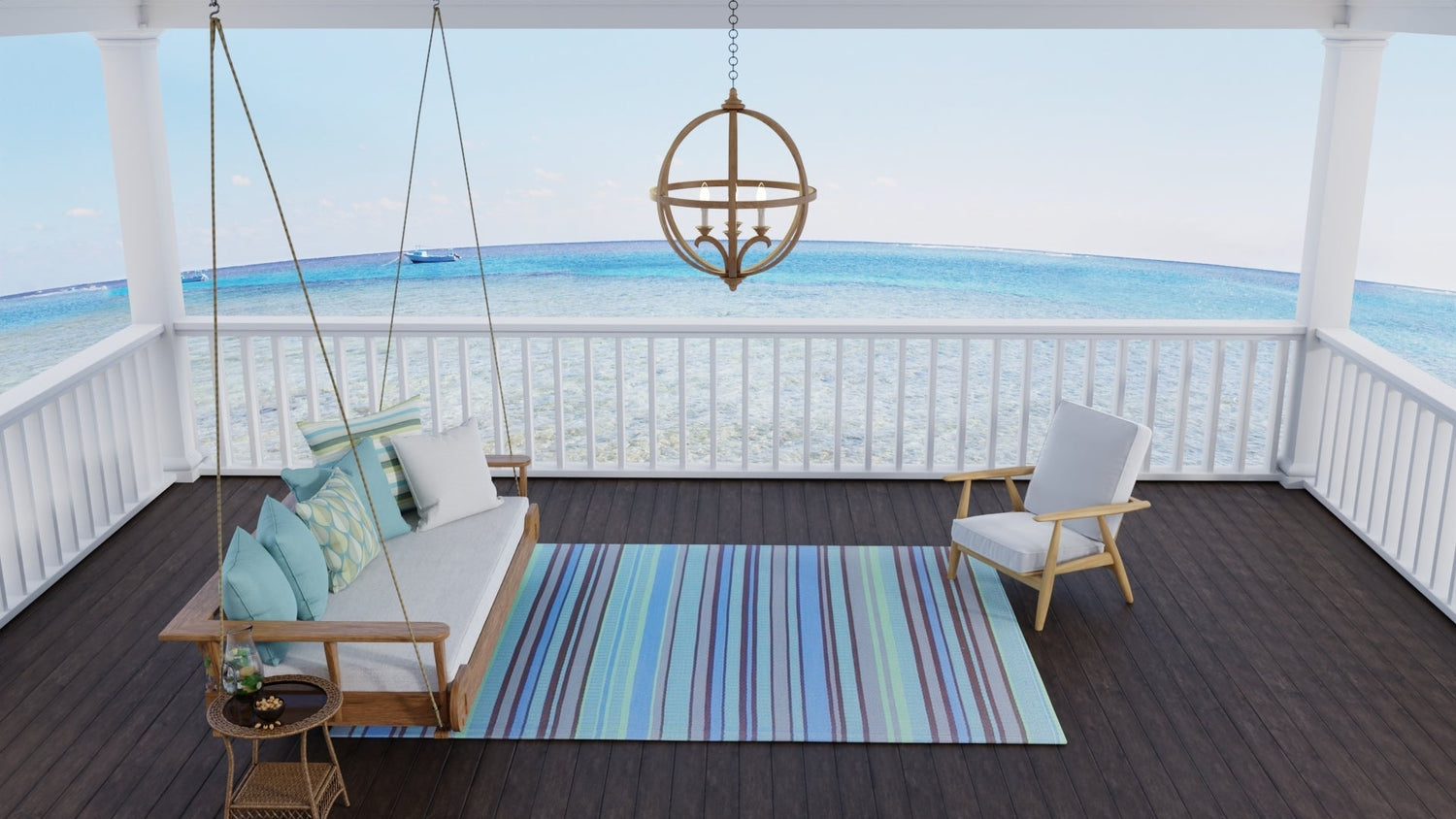 Stripes Grey &amp; Aqua Reversible Outdoor Mat