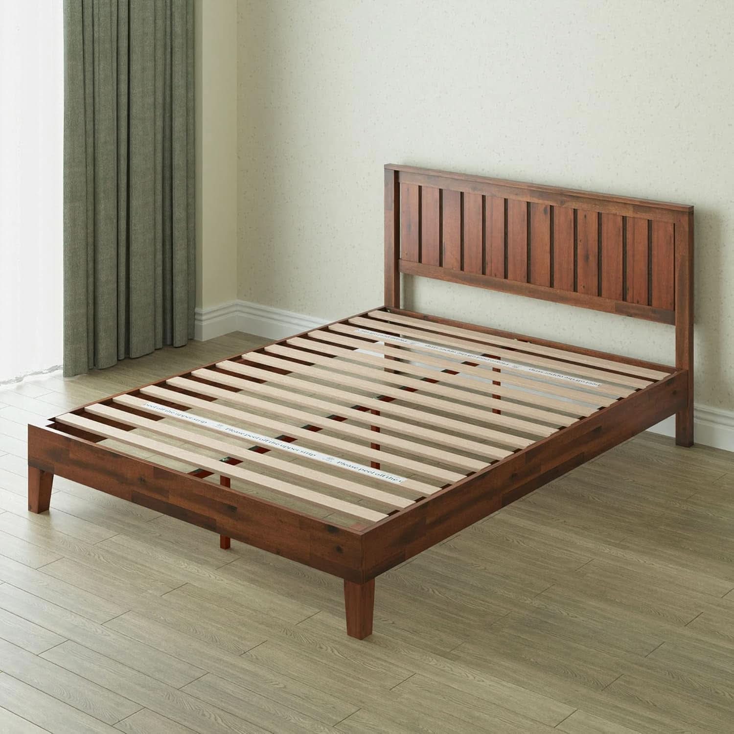 Queen Wood Platform Bed Frame With Slatted Headboard