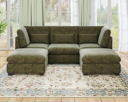 Oversized Extra Deep Cloud Chenille Modular Sectional Couch with Double Chaise in Olive Green