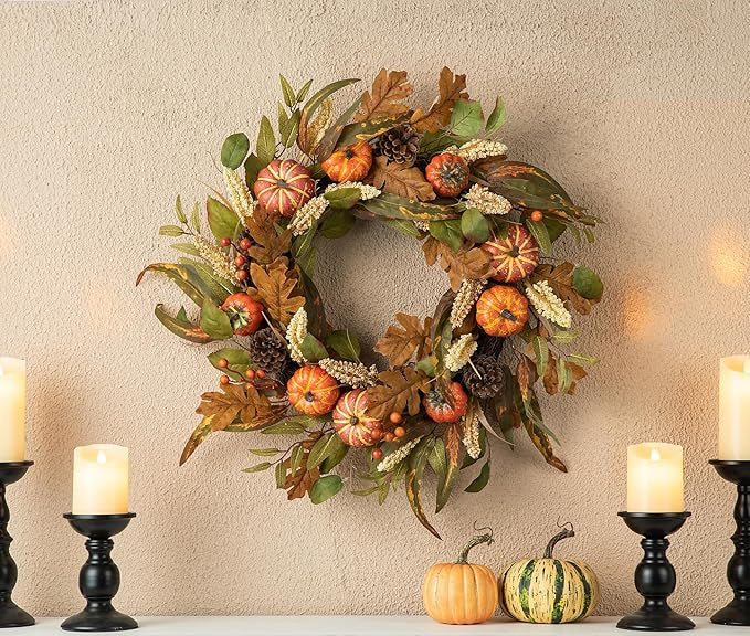 24 inch Fall Wreath with Orange Pumpkins, Natural Pinecones and Green/Brown Leaves