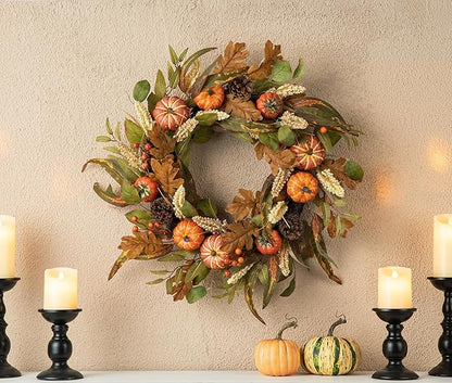 24 inch Fall Wreath with Orange Pumpkins, Natural Pinecones and Green/Brown Leaves