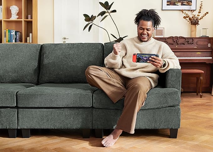 Nolany Sectional Sofa with Storage Ottoman in Green Corduroy