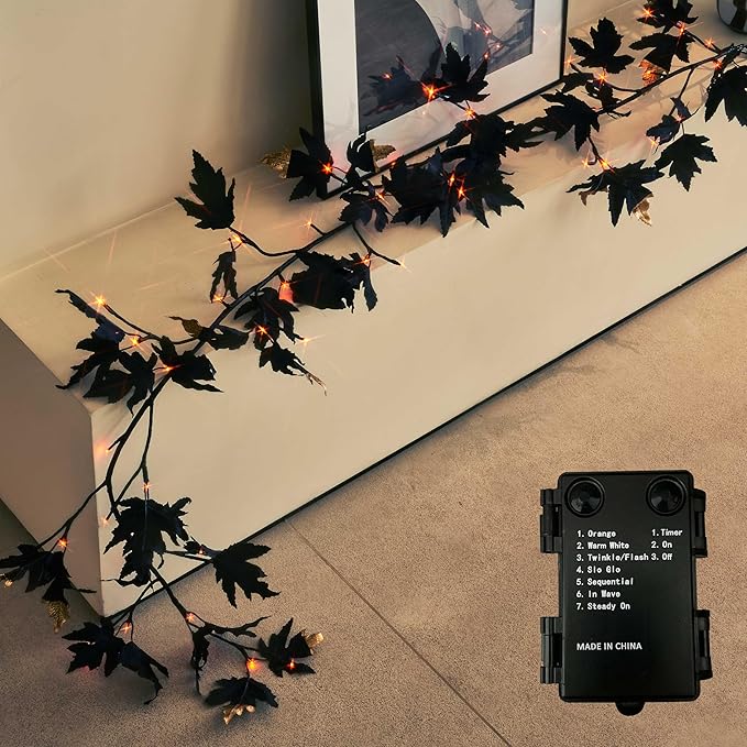 Halloween Black Maple Garland with Lights &amp; Timer