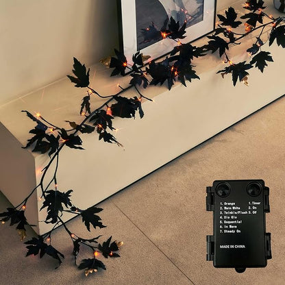 Halloween Black Maple Garland with Lights &amp; Timer